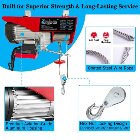 Heavy Duty 1760 Lbs Electric Hoist Winch With Dual Wired And Wireless Remote Controls Featuring Smart LED Status Light For Garage Warehouse Jobs Or Factory Lifts Offering 33 To 65 Feet Height Coverage showing premium aluminum housing and coated steel wire rope.