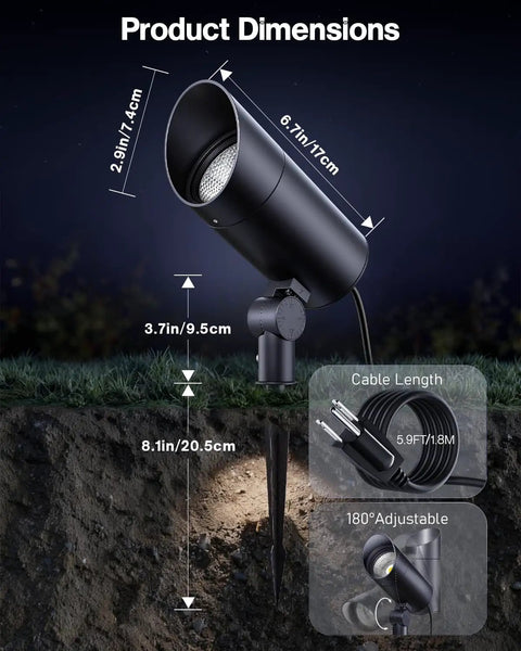Dimensions of Two Pack Ultra Bright 30W Outdoor LED Spotlight Set, 120V, 3000 Lumens Each, with 5.9 Foot Cord and adjustable head