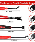 17 Piece Mechanic Hook And Pick Tool Set With Auto Trim Removal Kit, showing four tools with dimensions and close-ups.