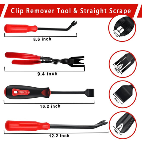 17 Piece Mechanic Hook And Pick Tool Set With Auto Trim Removal Kit, showing four tools with dimensions and close-ups.