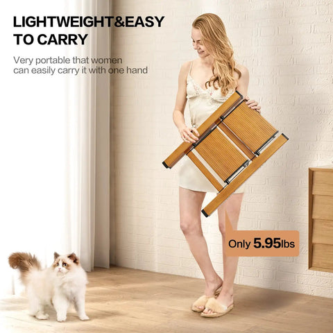 Woman carrying a Two Step Ladder Aluminum Folding Step Stool With Anti Slip Wide Pedals, lightweight woodgrain design, indoors.