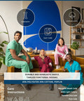 Group of healthcare professionals sitting in a lounge setting, illustrating the fabric features of universal medical gear, 65% polyester, 35% cotton.
