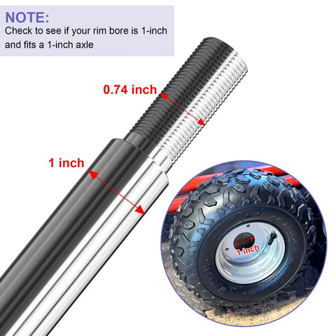Close-up of Heavy Duty Go Kart Live Axle Kit 44 Inch With 1 Inch Diameter and 3/4 Inch Step Down, showcasing axle dimensions and tire compatibility.