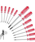 Grab This Kickass Magnetic Torx Screwdriver Set Featuring Security Tamper Proof Star Tips And A Solid 13 Piece Pro Grade Tool Kit Built Heavy For Your Car Or Truck Rig with red handles and assorted sizes.