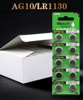 Top Shelf 10 Pack Ag10 Alkaline Button Cell Batteries Delivering Bulletproof 1 5 Volt Energy For Watches Calculators Cameras And Clocks Lr1130 Lr54, displayed in a box.
