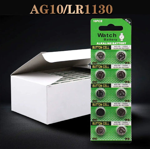 Top Shelf 10 Pack Ag10 Alkaline Button Cell Batteries Delivering Bulletproof 1 5 Volt Energy For Watches Calculators Cameras And Clocks Lr1130 Lr54, displayed in a box.