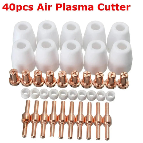 Premium Plasma Cutter Consumables Kit For PT-31 And PT-40 Torch Plus CUT-50 50 Ceramic Nozzles Set displayed with copper nozzles.