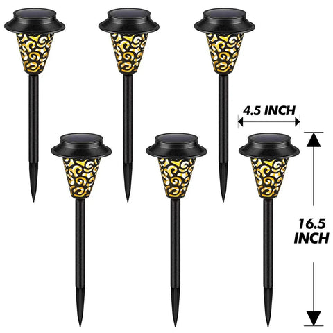 6 Pack Solar Pathway Lights With Upgraded Metal Garden Stakes Warm White LED, 16.5 inch height, 4.5 inch diameter, decorative pattern.