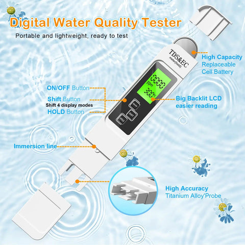 4 In 1 TDS Meter Digital Water Tester With TDS EC And Temp Measurement For Drinking Water Home Aquarium Restaurant Handheld PPM Meter display