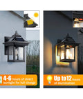 All Night Solar Wall Lights With Dusk To Dawn Motion Sensor 3 Lighting Modes Wireless Exterior Porch Lights Wall Mount Patio Fence Lanterns Black 2 Pack 2200mAh Battery Plugless No Wire Setup showing solar charging and illumination.