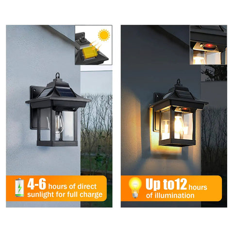 All Night Solar Wall Lights With Dusk To Dawn Motion Sensor 3 Lighting Modes Wireless Exterior Porch Lights Wall Mount Patio Fence Lanterns Black 2 Pack 2200mAh Battery Plugless No Wire Setup showing solar charging and illumination.