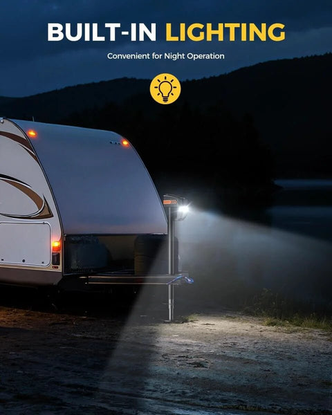 Beefy 7500Lb Electric RV Tongue Jack With Remote Control illuminated at night on RV, showing built-in lighting feature.