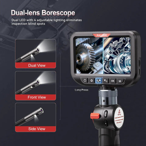 Dual Lens Articulating Borescope Camera With Light, Slim 8.5mm Probe For Tight Spaces, 10ft SemiRigid Cable, Waterproof Inspection Tool For Engines, Pipes, And Machinery Gaps, Fast Access And Crystal Clear View, screen display and probe views