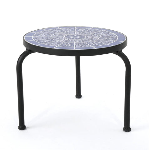 Slate Outdoor Ceramic Tile Side Table With Iron Frame In Blue And White A Compact Durable Patio Accent