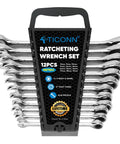 Ratcheting Wrench Set With Slim Organizer Rack 12 Piece Metric Wrenches displayed in rack