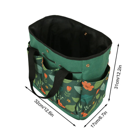 Waterproof Garden Tool Bag With 8 Side Pockets And Big Main Compartment, Durable 600D Oxford Tote, green floral, top view