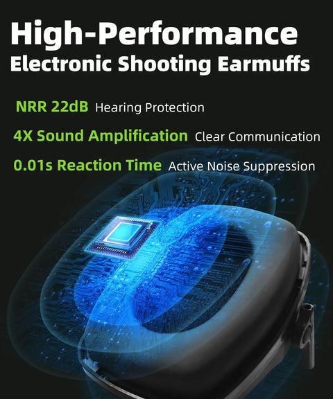 035 Bluetooth 5.4 Shooting Ear Protection Earmuff With Active Noise Canceling And Sound Amplification For Hunting And Range Wireless Tactical Headset In Green, shown close-up highlighting electronic components.