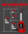 Heavy Duty 20 Ton Hydraulic Bottle Jack With 40,000 Lbs Lifting Capacity Adjustable Screw Top Extension For Auto And Truck Repair And Home Lifts Red Durable Tool showing height measurements