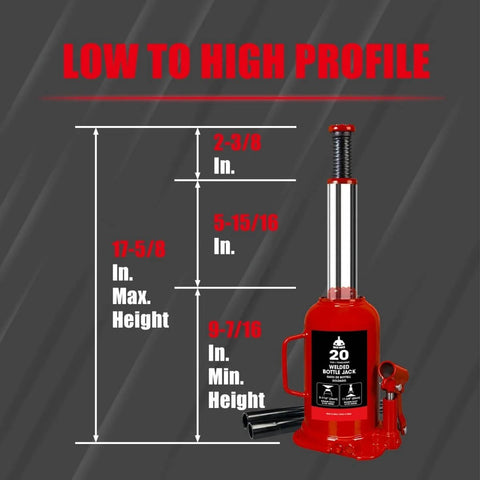 Heavy Duty 20 Ton Hydraulic Bottle Jack With 40,000 Lbs Lifting Capacity Adjustable Screw Top Extension For Auto And Truck Repair And Home Lifts Red Durable Tool showing height measurements