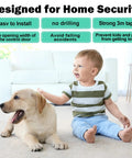 Child and dog in living room with Easy Install Sliding Glass Door Lock For Child Safety And Pet Proofing, One Pack text.