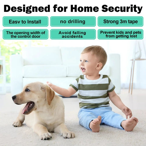 Child and dog in living room with Easy Install Sliding Glass Door Lock For Child Safety And Pet Proofing, One Pack text.
