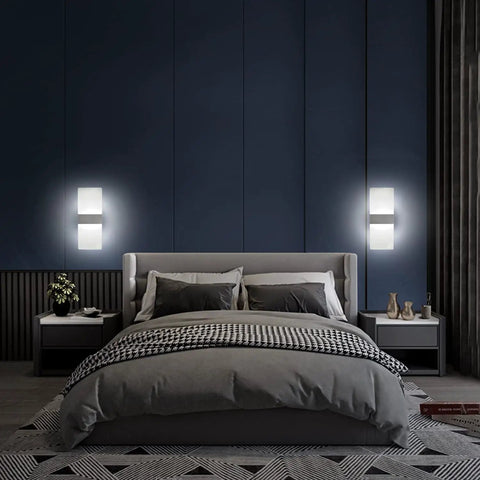 Bedroom with Cool White LED Wall Sconces Two Pack 10W Up Down Lights Hardwired Aluminum and Acrylic Wall Lamps