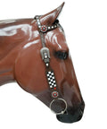 Top Shelf Western Leather Headstall And Breast Collar Tack Set With Lucky Dice Tooling Antique Copper Hardware And Checkyard Patterns Built For Any Arena Run, featuring a unique bullhead design on a horse.