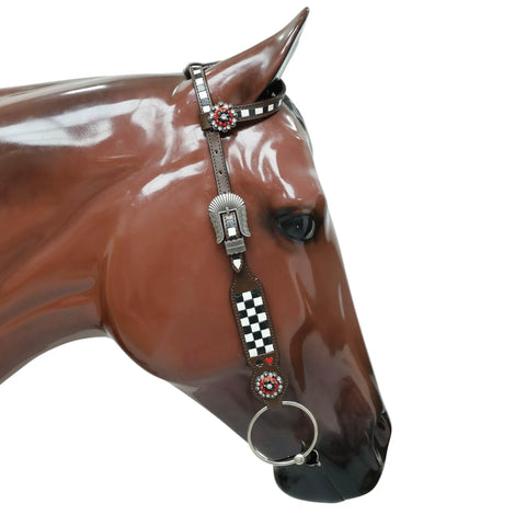 Top Shelf Western Leather Headstall And Breast Collar Tack Set With Lucky Dice Tooling Antique Copper Hardware And Checkyard Patterns Built For Any Arena Run, featuring a unique bullhead design on a horse.