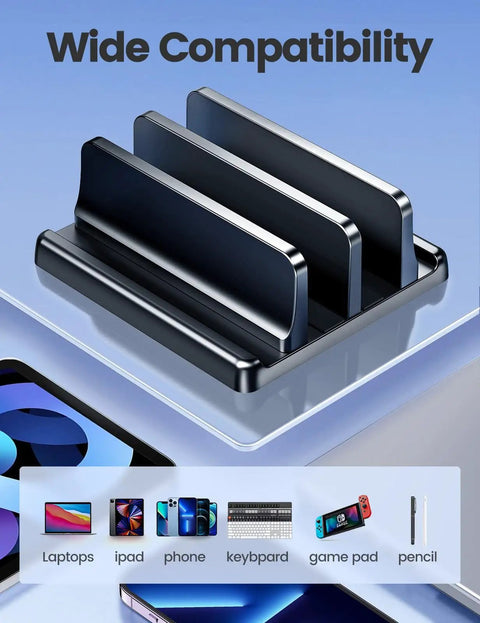 Vertical Laptop Stand For Desk With Dual Slots Space Saving 4 In 1 Design Adjustable Width Laptop Organizer For MacBook Mac HP Dell Microsoft Surface Lenovo Keeps Your Desk Clean And Your Productivity On Point.