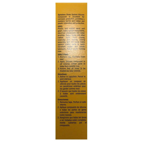 Side view of Dynatex Brake System Silicone Lubricant Compound 5.3 Oz Tube for auto and marine use. Instructions in English and Spanish shown.