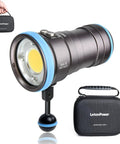 Close-up of a 4000 Lumen Underwater Dive Light For Photography And Video, featuring 6500K white, blue, red lights, with carrying case.