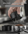 Top Tier Wdt Tool For Espresso Buffs cuts ground clumps with alloy shell and stainless steel needle for 53 and 58mm portafilters.