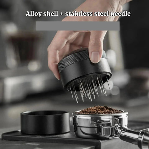Top Tier Wdt Tool For Espresso Buffs cuts ground clumps with alloy shell and stainless steel needle for 53 and 58mm portafilters.