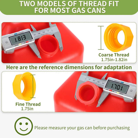 Anti Spill Gas Can Spout Replacement Kit With Flexible Nozzle, measuring thread diameter and compatibility with caliper.