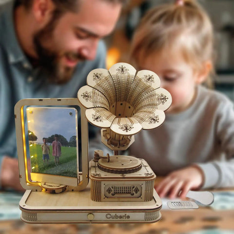 Vintage Gramophone 3D Puzzle Kit With Wooden Model DIY Music Box And Acrylic Photo Frame Easy Build Home Decor Gift For Adults