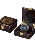 Mechanical Skeleton Pocket Watch With Roman Numerals, Double Case, Standable Table Display, in brown wood finish box, open view