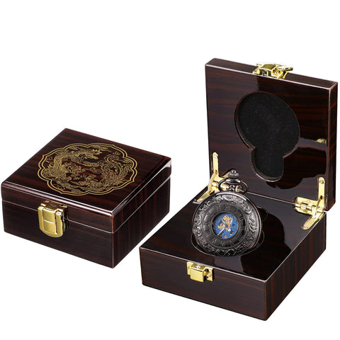 Mechanical Skeleton Pocket Watch With Roman Numerals, Double Case, Standable Table Display, in brown wood finish box, open view