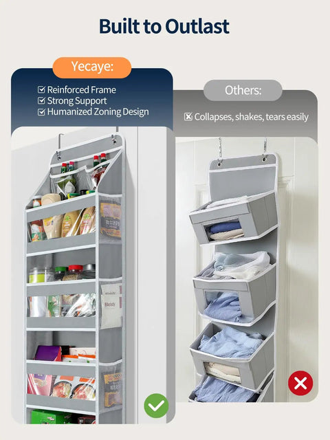 Five Tier Over The Door Organizer With Clear PVC Windows For Stuffed Animals And Everyday Storage Must Have For Bedroom Nursery Closet Dorm Laundry Pantry And Bathroom Grey. Left: sturdy, full shelves, Right: sagging shelves.