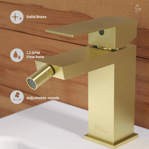 Concorde Bidet Faucet In Brushed Gold Solid Brass Single Hole Install 1.2 GPM Flow Easy One Handle Control For Hot And Cold Water