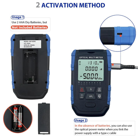 Front view of blue and black 5-in-1 fiber optic cable tester with portable optical power meter and LCD display.