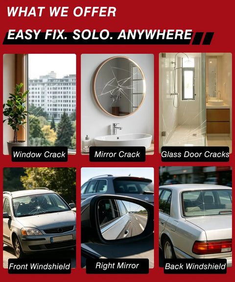 Hassle Free Windshield Chip Repair Kit Using Sun Activated Resin For Fast Auto Glass Crack Fixes Skip The Mechanic Save Some Green Quick Five Minute Diy Car Windshield Fix Two Bottle Kit shown repairing various glass cracks.