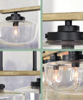 Close-up details of Grove 38 Inch 4 Light Dope Modern Farmhouse Kitchen Island Light With Schoolhouse Glass Shades In Smoked Birch Finish.