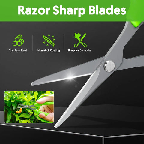 Close-up of Pro Grade Garden Snips 6 Inch Pruning Shears with non-stick coated steel blades for precision trimming.