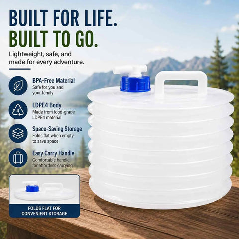 Collapsible Water Container With Spigot For Camping And Outdoors Foldable 15L Water Jug with LDPE-4 material on wooden table.