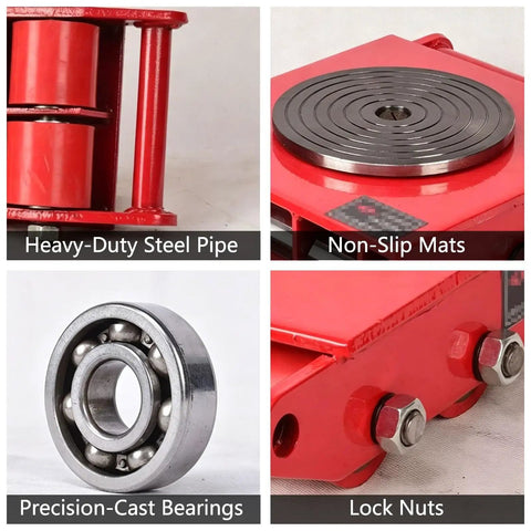 Heavy Duty Steel Roller Trolley Machine Move Skates Industrial Gear Hauler Smooth Swivel Wheels Built Tough Load Carrier showing heavy-duty steel pipe and precision-cast bearings.