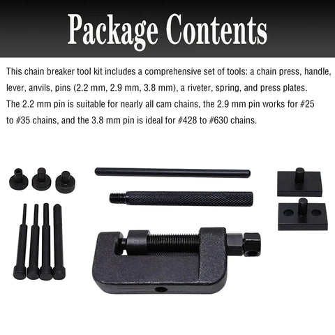 Heavy Duty Chain Breaker Tool Kit With Rivet Cutter And Roller Chain Link Removal For Motorcycle, Bike And ATV Chains package contents