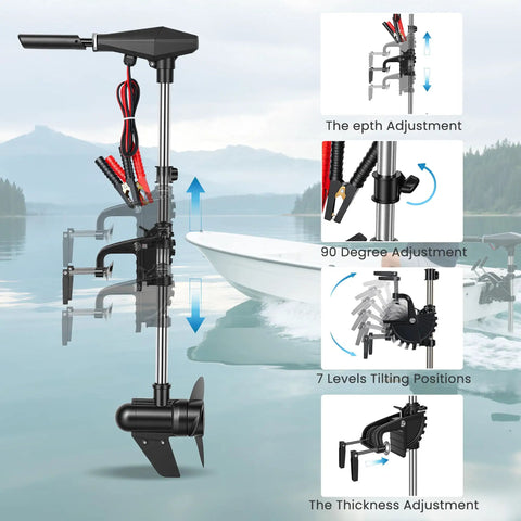 Badass 58 Lbs Brushless Electric Trolling Motor With Stepless Speed Control And 30 Inch Shaft showing depth, angle, and tilt adjustments.