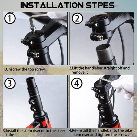 Installation steps for Bike Stem Riser Extender Aluminum Alloy Fork Stem Adapter, showing unscrewing, lifting, installing, and re-installing.