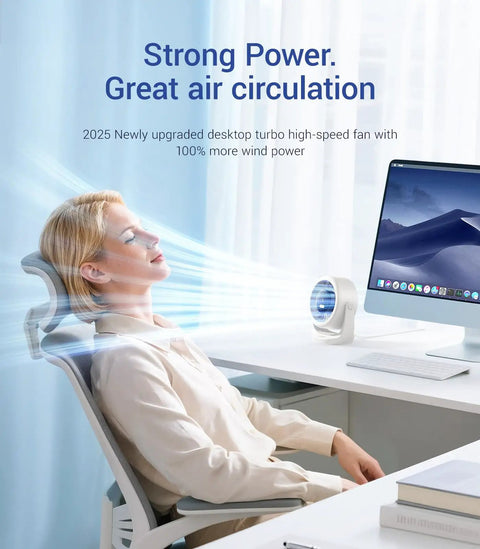Person enjoying cool air from Turbocharged USB Desk Fan With LED Display Ultra Quiet Mini Cooling Power 5 Speed 360 Degree Rotating Portable Desk Fan For Home Office And Outdoors Beastly Wind For Instant Cool Down