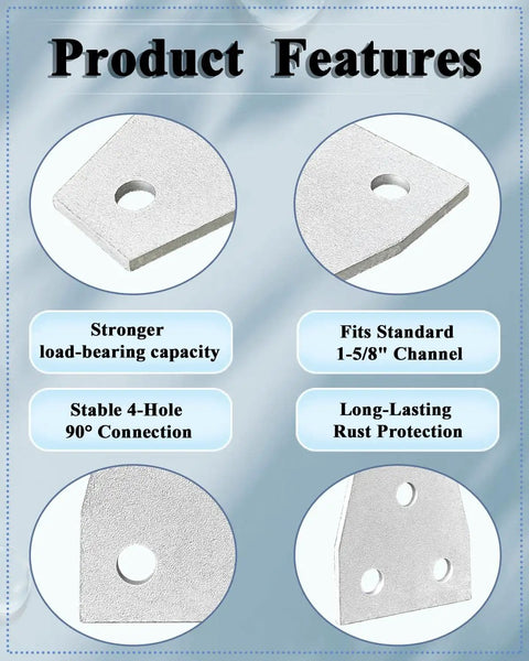 Hot Dipped Galvanized 4 Pack Flat Tee Plate With 4 Holes 6mm Thick Flat Connector Bracket For One And Five Eighths Inch Strut Channel, shown with 4-hole plate